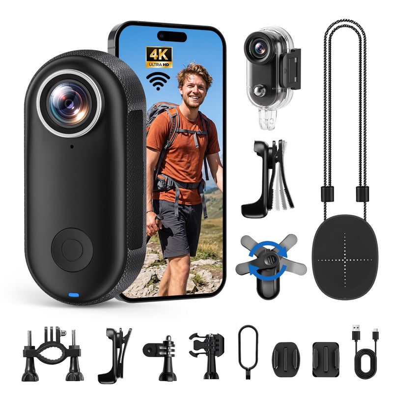 Mini Body Camera 4K, Thumb Action Camera with 123° wide-angle Lens, Wearable Cam with 360° Rotatable Clip, Portable Pov Cam Magnetic Mount for Chest/Vlogging/Bike, Wi-Fi, APP, Waterproof(No SD Card)