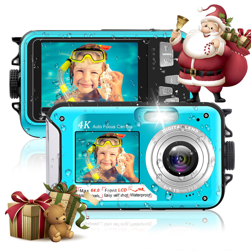 4K 64MP Underwater Camera 16FT Compact Digital Waterproof Camera Floatable | Dual-Screen Selfie, 1250mAh Battery,16X Digital Zoom,Autofocus,Fill Light, With 32GB Card, Snorkeling & Underwater Trips Blue