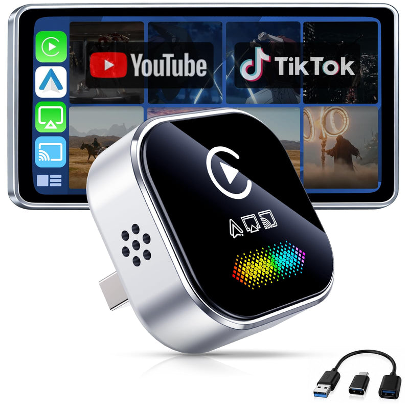 Wireless CarPlay Adapter for iPhone – 2027 4-in-1 Dongle with AirPlay & Screen Mirroring, Low Latency, 5-Second Auto Connect for Wired Cars, Includes USB A/C（Silvery）