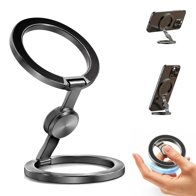 Magnetic Phone Stand Fidget Spinner - 2-in-1 Dual Magnetic Ring Grip,Grey | 360° Rotating Foldable Phone Grip Stand, Stress Relief Magnet Toy Compatible with iPhone 17-12 MagSafe Cases, Desk Gym Travel