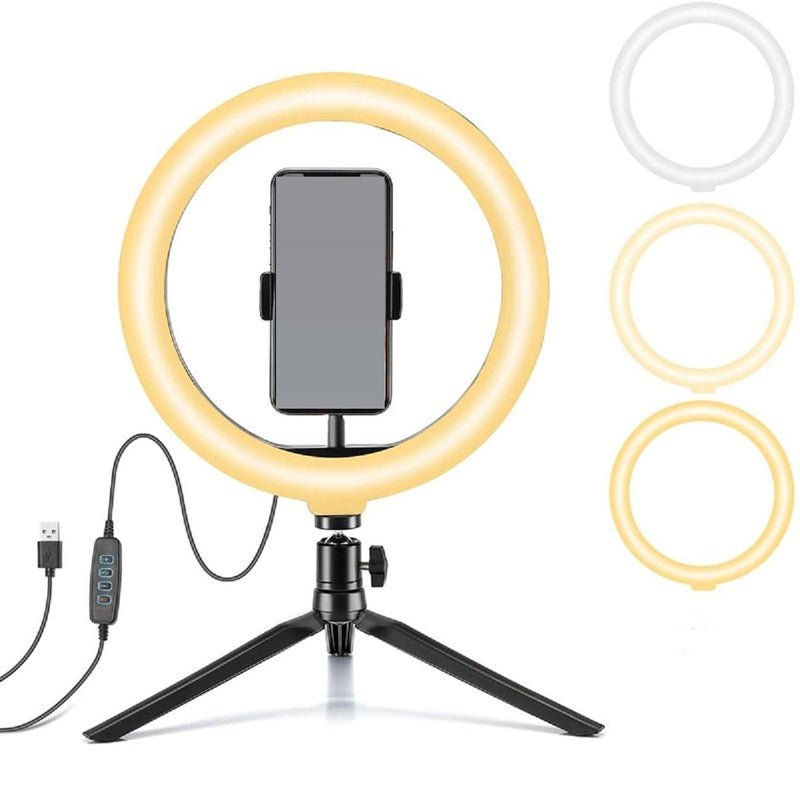Selfie Ring Light 10" with Tripod Stand and Phone Holder, LED Ring Light for Desk with 3 Light Modes & 11 Brightness Level for Selfie, YouTube, Makeup, Live Streaming, TIKTOK