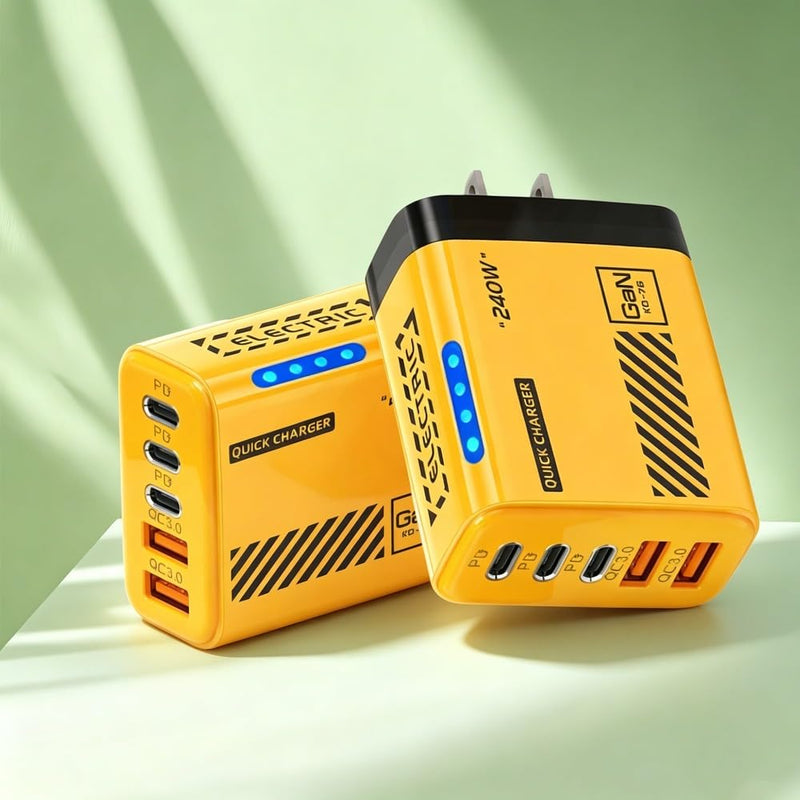 1Pcs Mini 240W Charger with 5 Ports Fast Charging Power Adapter (US,Yellow) | with Lamp Double USB Type-C+3PD 3.0 Smart Fast Charging Plug for IPhone Samsung Universal,Non-Battery US,Yellow