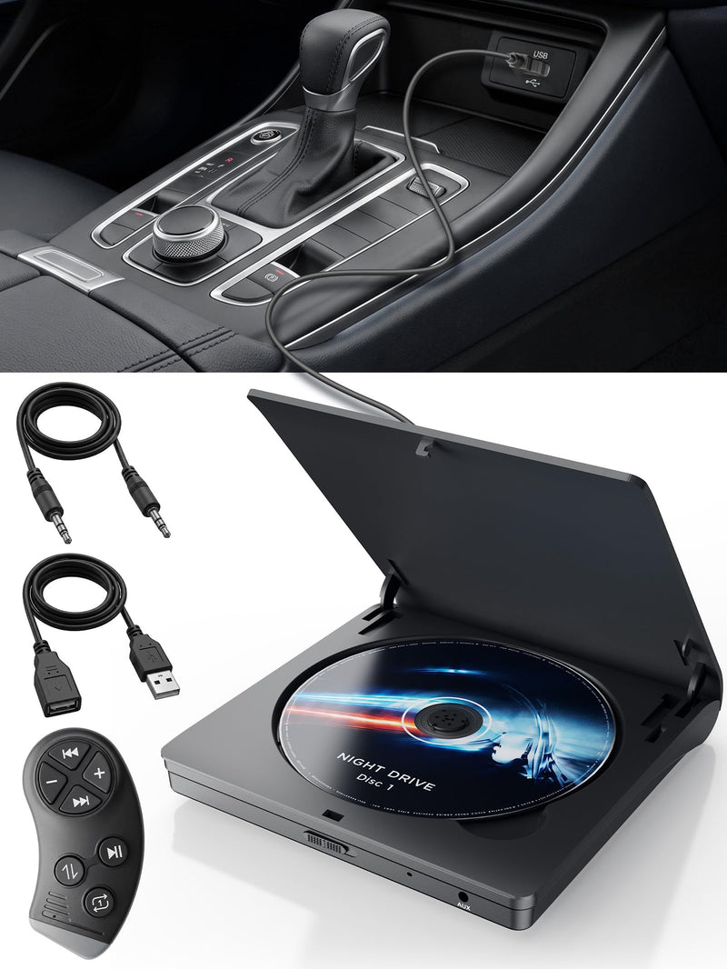 External CD Player for Car, USB/AUX Connection, Universal Compatibility | Portable, Anti-Skip, Shockproof, Vehicles, Resume, Steering-Wheel Remote, Compact Design, Hidden Cable, Plug & Play