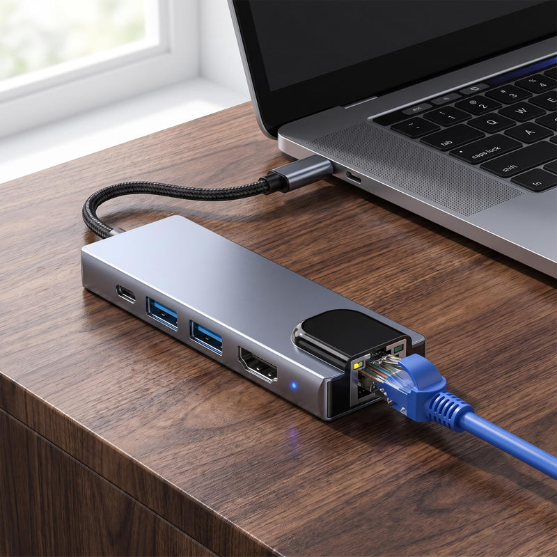 5-in-1 USB C Hub with Gigabit Ethernet 4K HDMI & 2 USB 3.0 Ports PD Charging Aluminum Type-C Dock for Laptop 5-in-1LAN