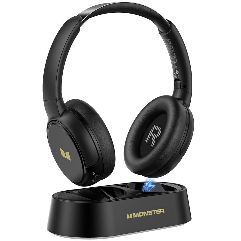 Monster TVlink 300 Wireless TV Headphones Transmitter Base Bluetooth 5.3 | Over Ear Design, 45 Hours Battery Life, Low Latency Under 40ms, Foldable Comfortable Fit, Plug & Play Setup Black