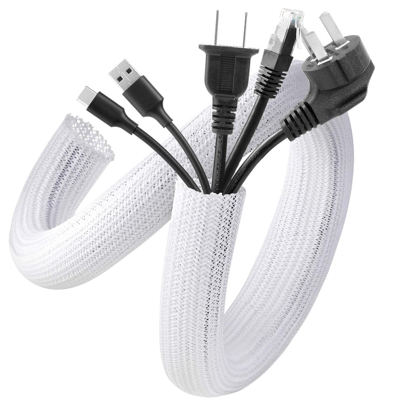 Cable Sleeve, 6.56ft Cable Management, Desk Cord Cover Organizer Wire Hider for Computer TV Wire Loom Tubing, Pet Proof Cord Protector from Cat Dog Chewing (6.56FT,White) White