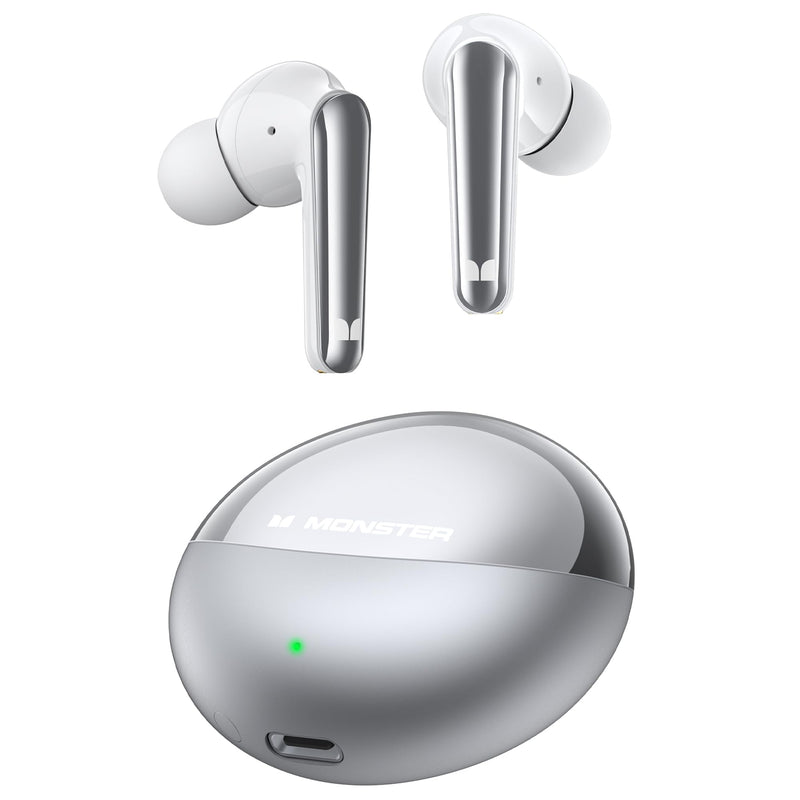 Monster N-Lite 203 AirLinks Wireless Earbuds, Bluetooth 5.3 Hi-Fi Stereo Sound, Type-C Fast Charging, Touch Control, IPX6 Waterproof in-Ear Headphones, 30 Hours Playback White