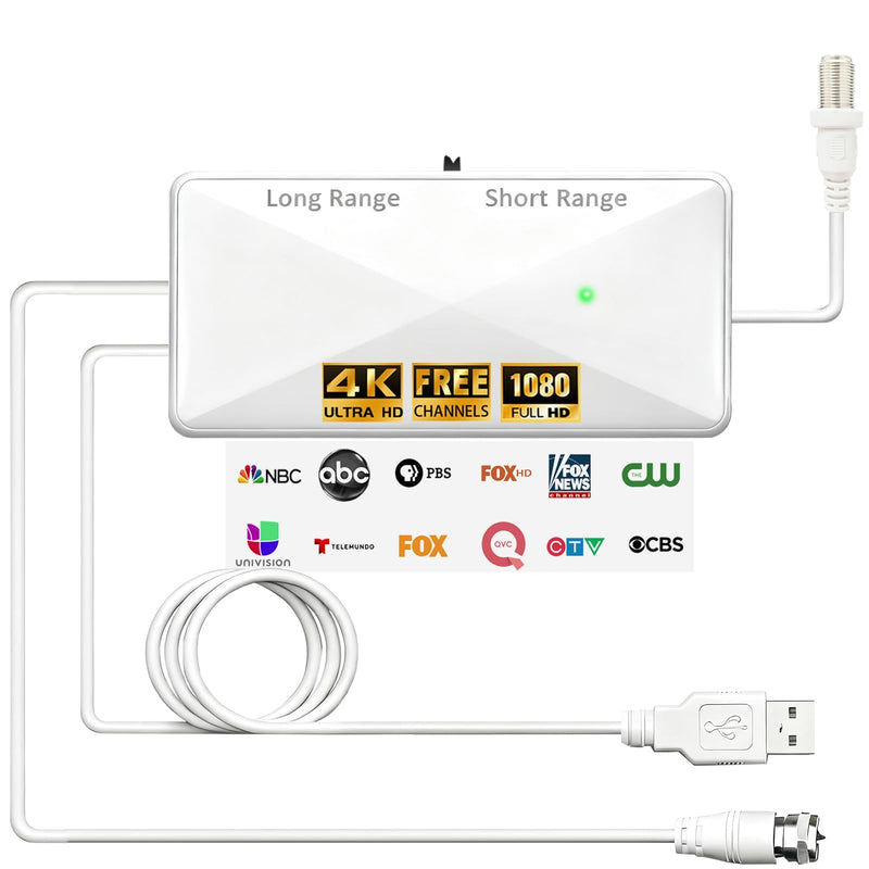 TV Antenna Amplifier Signal Booster, Suit for All Antennas, White | 25DB High Gain Powerful Antenna Booster for TV Antennas, Clear Up Pixelated Amplifier, Adjustable Reception Range, USB Power WHITE-S