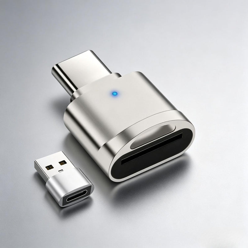 1 Pack USB C MicroSD Card Reader, USB A OTG Camera to Phone Adapter, Silver | Compact 0.91 in Body, Status Light, Reversible Plug, Removable Converter, Direct Insert Format for Compatible Mobile Devices