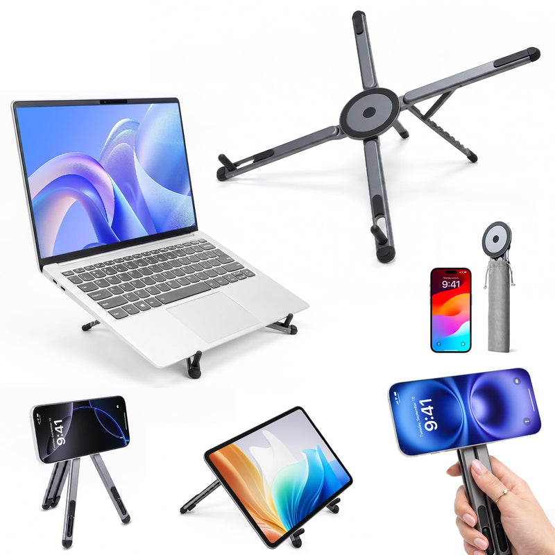 4-in-1 Laptop Stand for Desk, Aluminum Alloy Adjustable Foldable Computer Stand with Magnetic Phone Holder & Tablet Stand, Portable Laptop Riser Compatible with MacBook, Notebook, 10-16 Inch Laptops