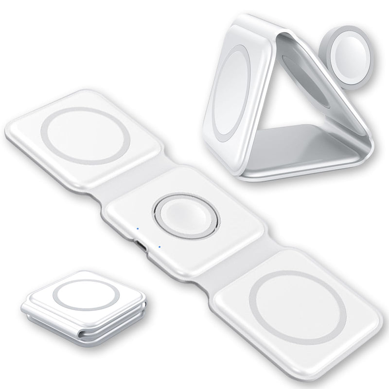 3in1 Foldable Magnetic Wireless Charger,Travel Pad for iPhone,Watch,AirPods | Magnetic Alignment, 15W Fast Charging, Foldable Travel Stand, Compatible with Apple Watch & AirPods, Safe Tech Tea White