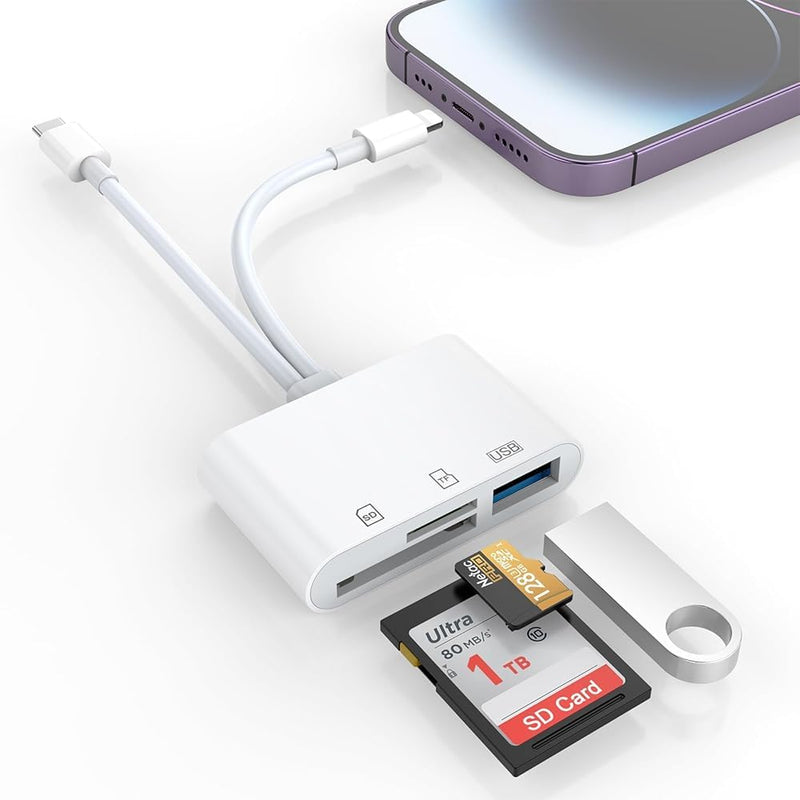SD Card Reader for iPhone 16 15 14 iPad, USB C & Lightning Camera Adapter | Dual USB C & Lightning SD Card Reader for iPhone 16 15 14 iPad Mac, 3-in-1 Memory Card Viewer with USB Port, Plug & Play