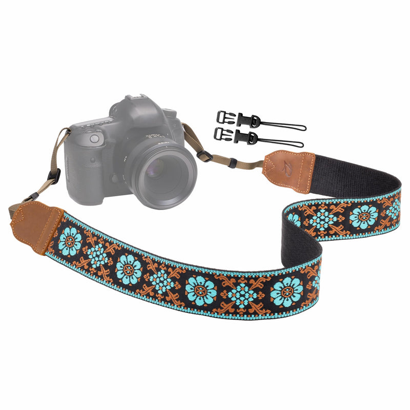 Padwa Lifestyle Camera Strap - 2" Crazy Horse Cowhide Ends Adjustable Camera Straps for Photographers, Soft Fabric Embroidered Cotton Strap Quick Release fits All Cameras(Blue Flower) B# - Blue Flower Embroidery 2 inch Wide / Adjustable 34~57 inch