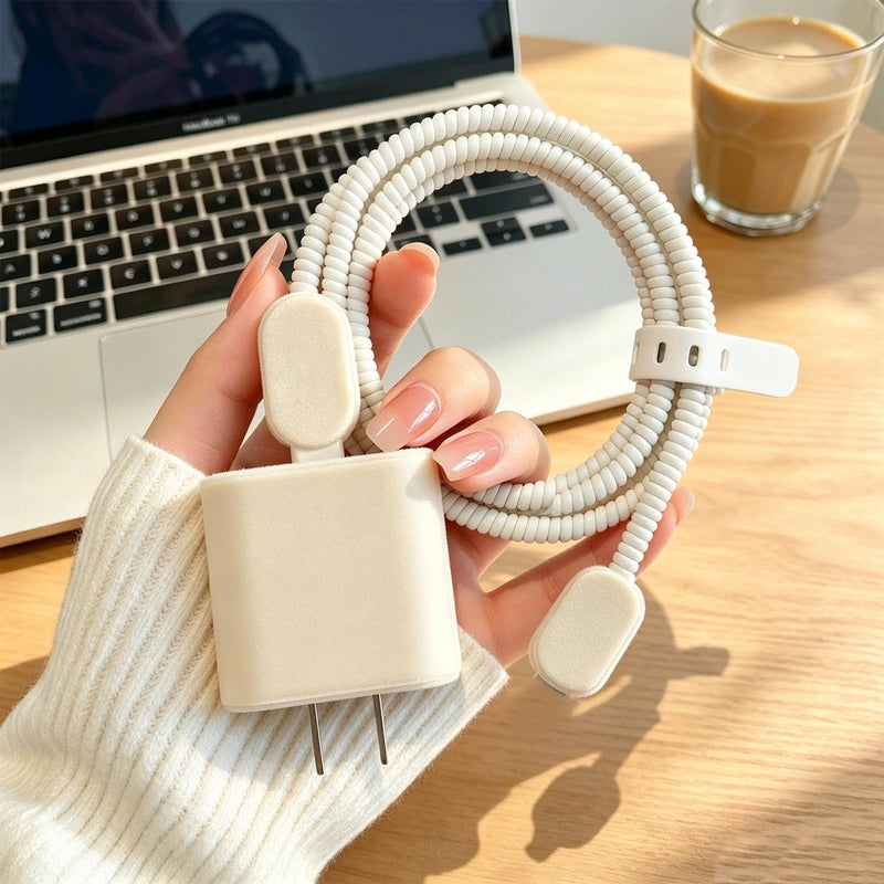 Multifunctional Chargers Protector Elegant Charging Adapter Cover Set Beige | Charging Adapter Cover Set with Integrated Cable Wrap Guard Set Phone Device Case