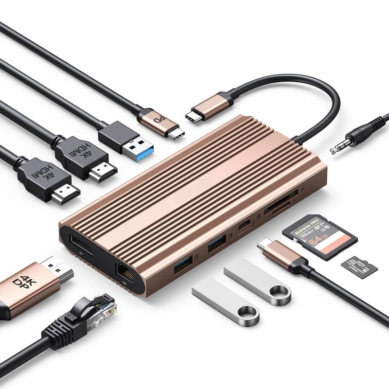 Docking Station USB C to Dual HDMI Adapter, 12 in 1 USB C Hub with Dual HDMI, DP 1.4, 100W PD, Ethernet, 2 USB-A 3.1, 1 USB 2.0, 1 Type-C 3.1, SD/TF, Audio, Compatible for Windows/Mac OS