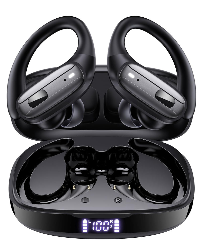 Wireless Earbuds with Ear Hooks, Running Headphones, Ear Buds for Sports | 80H Long Playtime, Noise Cancelling, Physical Button Control, LED Display, IPX7 Waterproof Workout Earphones, Black