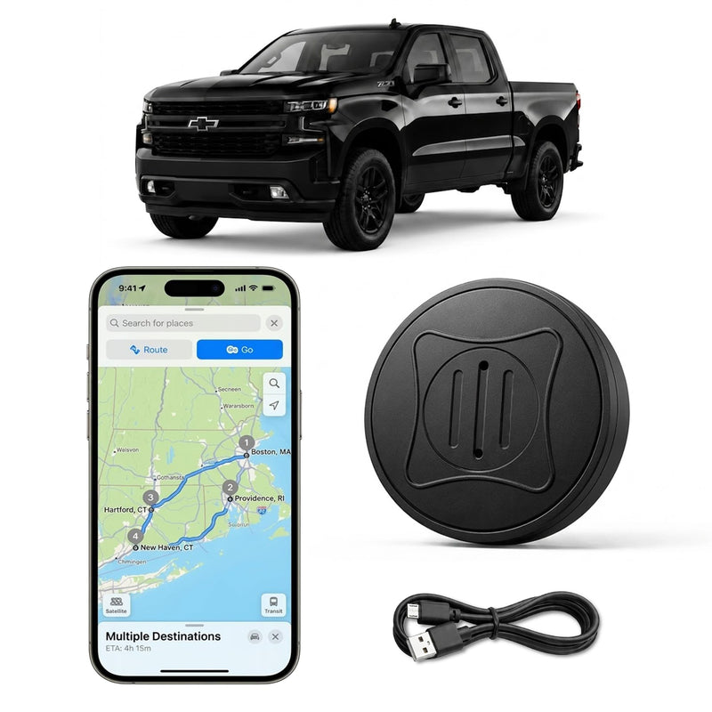 GPS Tracker for Vehicles, Real-Time Tracking for Cars, No App Fees, Black | Compact Magnetic Waterproof Vehicle Tracker with App, Route History & Geofence Alerts; SIM Card Required