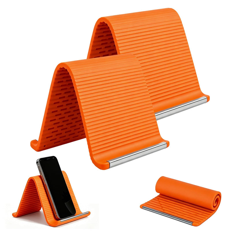 2PCS Flexible Silicone Phone Holder, Foldable Aluminum Phone Stand | Bendable Core Foldable Rollable Phone Holder - Flexible iPhone Stand for Long Travel Accessories - Plane Essentials (Orange) Orange
