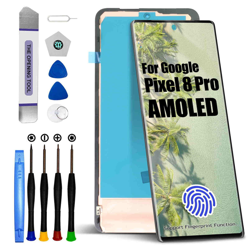 AMOLED for Google Pixel 8 Pro LCD Screen Replacement for Google Pixel 8 Pro LCD Display Touch Screen Display Assembly Repair Kits with Frame GC3VE, G1MNW (Fingerprint Cable Transfer Required)