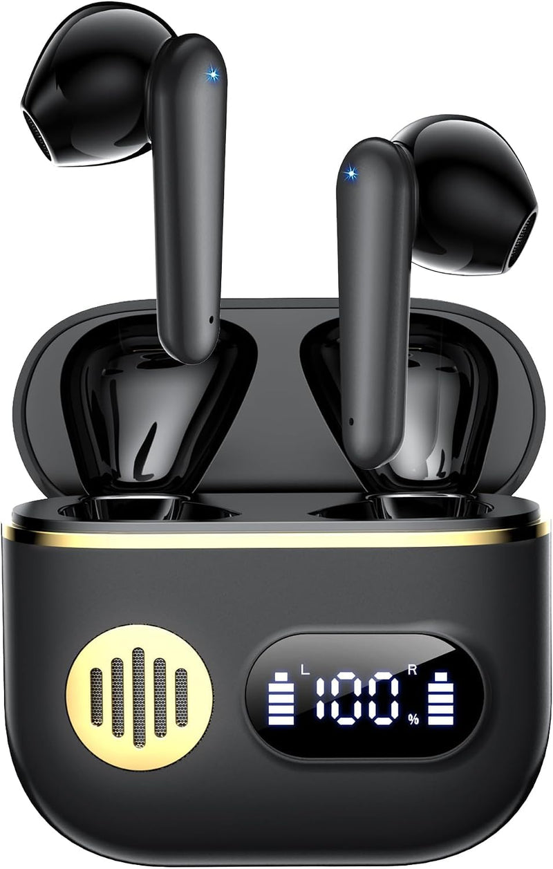 CoolJumper Wireless Bluetooth 6.1 Earbuds with Real-Time AI Assisted Translation, Digital LED Charging Case Waterproof Sport in Ear Headphones for Travel Gym Running Solid black