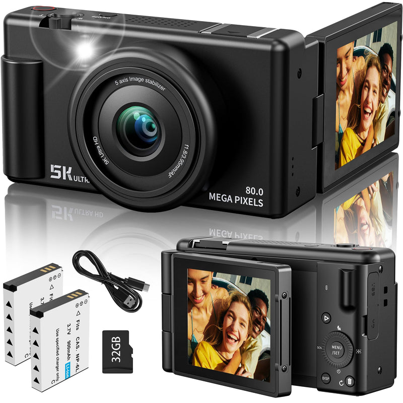 True 5K Digital Camera for Photography, Autofocus 80MP with 18X Digital Zoom, 3" 270° Flip Screen Selfie Camera for YouTube Vlogging & Content Creation, 2 Batteries, 32GB Card & Flash，Black Black