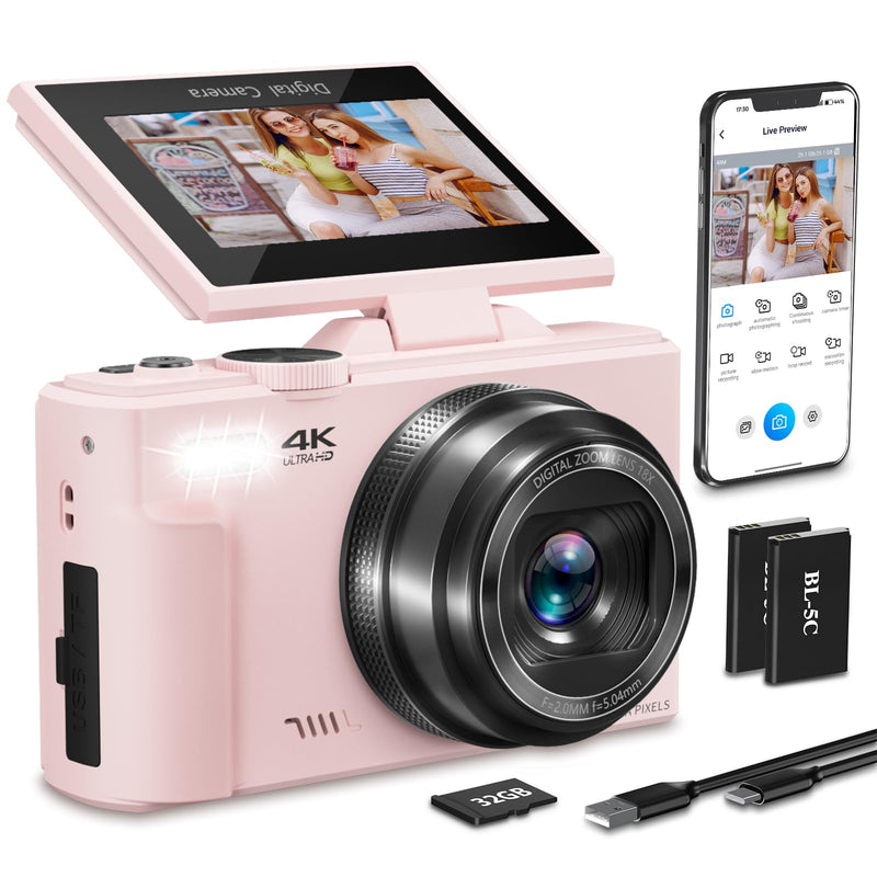 4K Digital Camera for Photography,64MP Vlogging Camera for YouTube(Pink) | 3" 180°Flip Screen, 18X Digital Zoom,WIFI,Autofocus Compact Camera with Flash,32GB TF Card & 2 Batteries Pink