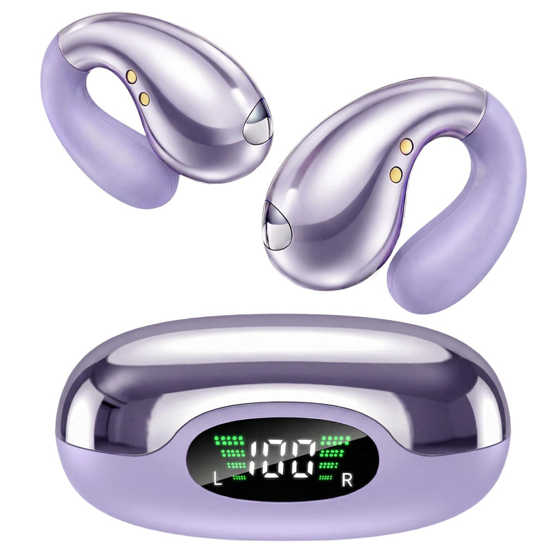 Ultra Open Ear Earbuds - Clip on Earbuds, Open Ear Headphones with Small Lightweight Bone Conduction Design, Comfortable Fit for Running, Gym Workouts and Sports, Aurora Purple