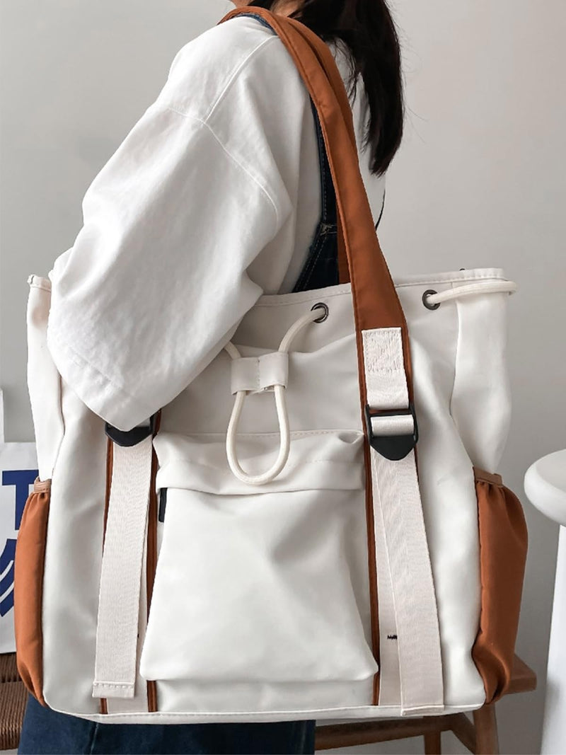 Drawstring Tote Purse for Women Beige Multi-Pocket Crossbody Bag Large Laptop Compartment Handbag White