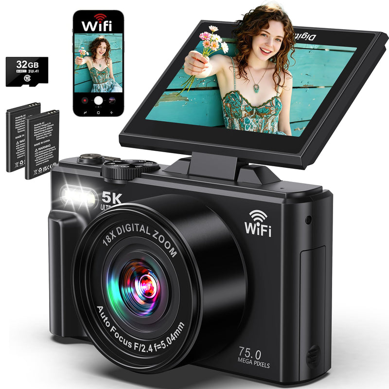 Digital Camera 5K WiFi Cameras for Photography 75MP UHD Autofocus Vlogging | 5K 75MP WiFi Camera for YouTube, Compact Travel Video Camara Beginner, 3" 180° Flip Screen, 18X Zoom, Memory Card, Batteries Black