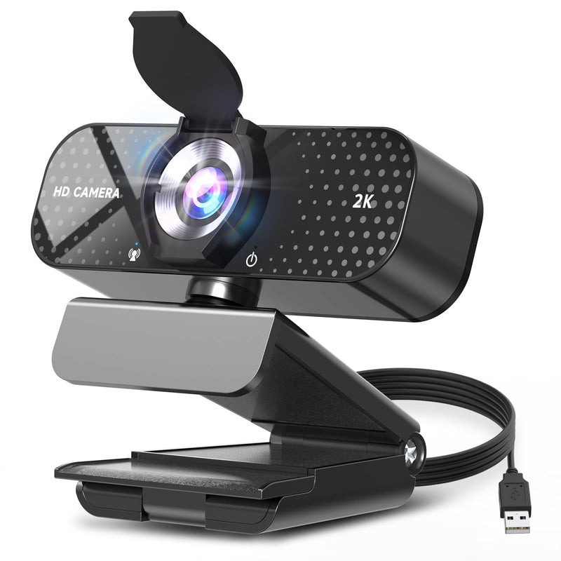 TRAUSI 2K Full HD Webcam with Auto Light Correction, Noise-Canceling Mic, Privacy Cover and Wide Angle Lens, Plug & Play USB Camera for Desktop/Laptop/Mac/PC, Compatible with Teams/Zoom/Streaming Jet Black