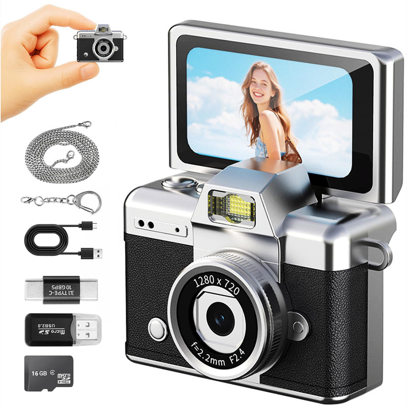 Keychain Camera with Flip Screen Series,1080P HD Multiple Shooting Recording Modes, Portable Digital Camera with 16GB SD Card for Travel, Party. Ideal Pendant Gift Black