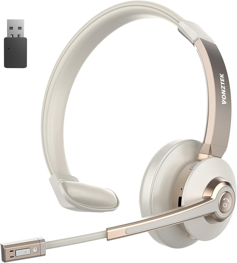 Wireless Headset, Trucker Bluetooth Headset Noise Canceling & Mute | 5.0 Bluetooth Headphones with Mic & USB Dongle for Cell Phone Computer Work Office Teams Meeting Call Center Champagne Gold & White