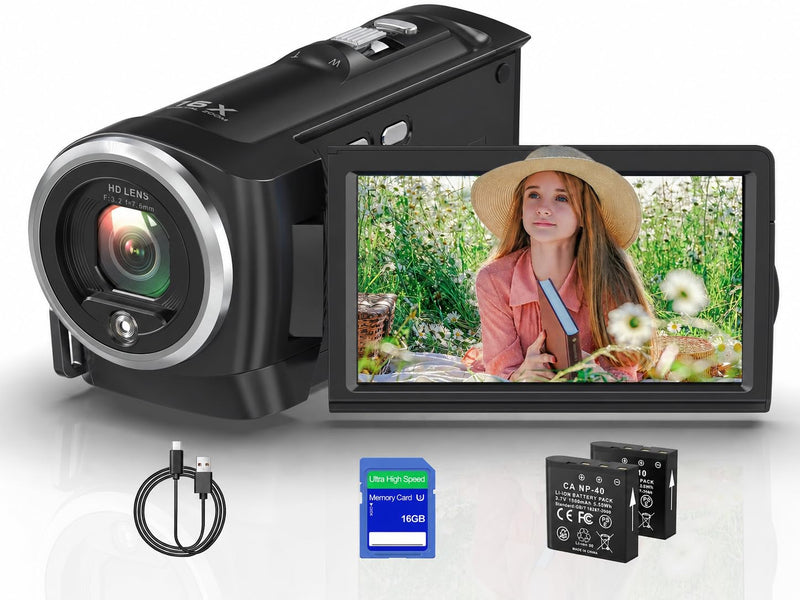 2.7K Video Camera QHD 56MP Camcorder 16X Digital Zoom | Vlogging Cameras for YouTube 270 Degree Rotation Screen Camcorders Webcam with 16G SD Card and 2 Batteries Black