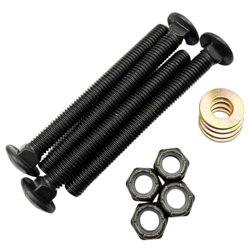 1/2"-13 x 5 Grade 8 Carriage Bolts (4-Pack) – Heavy-Duty Coarse Thread Bolts with Washers and Nylon Lock Nuts – Round Head Square Neck SAE J429 5.0" Plain Black Finish Bolts, Washers, Nuts 4