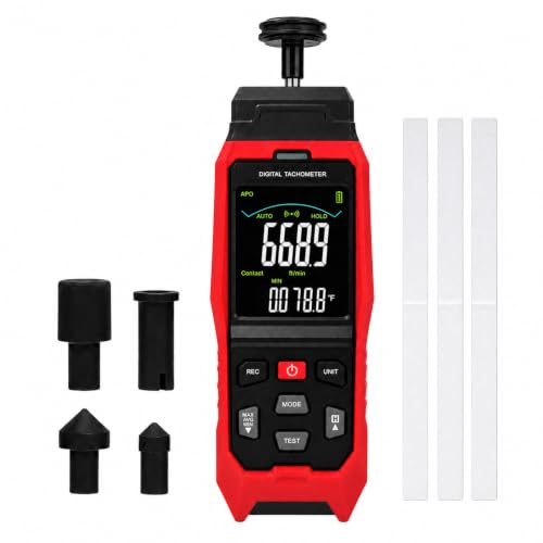 Digital Tachometer Non-Contact & Contact RPM Meter Datalogger, 3-100,000 RPM Laser Tachometer with 2,000 Data Logging Function, Surface Speed & Length Measurement, Includes Reflective Tape and Probes