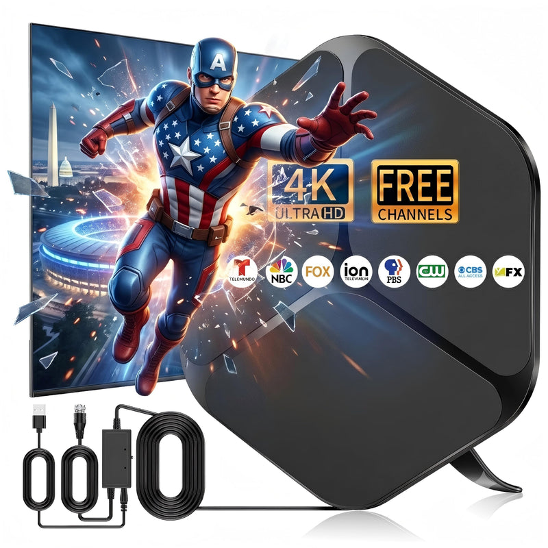Indoor TV Antenna, 4K Ultra HD Free Channels with Amplifier | Free Local Channels, ABC NBC FOX CBS PBS, Amplified Signal Booster, USB Powered, Long Range Reception Black