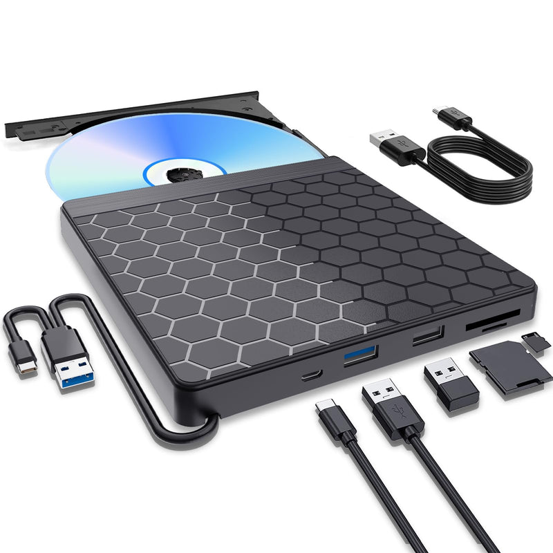 External CD DVD Drive for Laptop, CD Burner with TF/SD Card Slots, DVD Player for Laptop, USB CD DVD Drive External CD Reader Compatible with Laptop PC Desktop Windows 11/10/8.1/7 Linux Mac OS