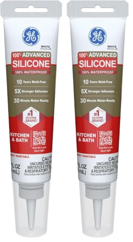 GE Advanced Silicone Caulk for Kitchen & Bathroom, White, 2.8 fl oz Tube, 2 Pack - 100% Waterproof Silicone Sealant, 5X Stronger Adhesion, Shrink & Crack Proof 2.8 fl oz (2 Pack)