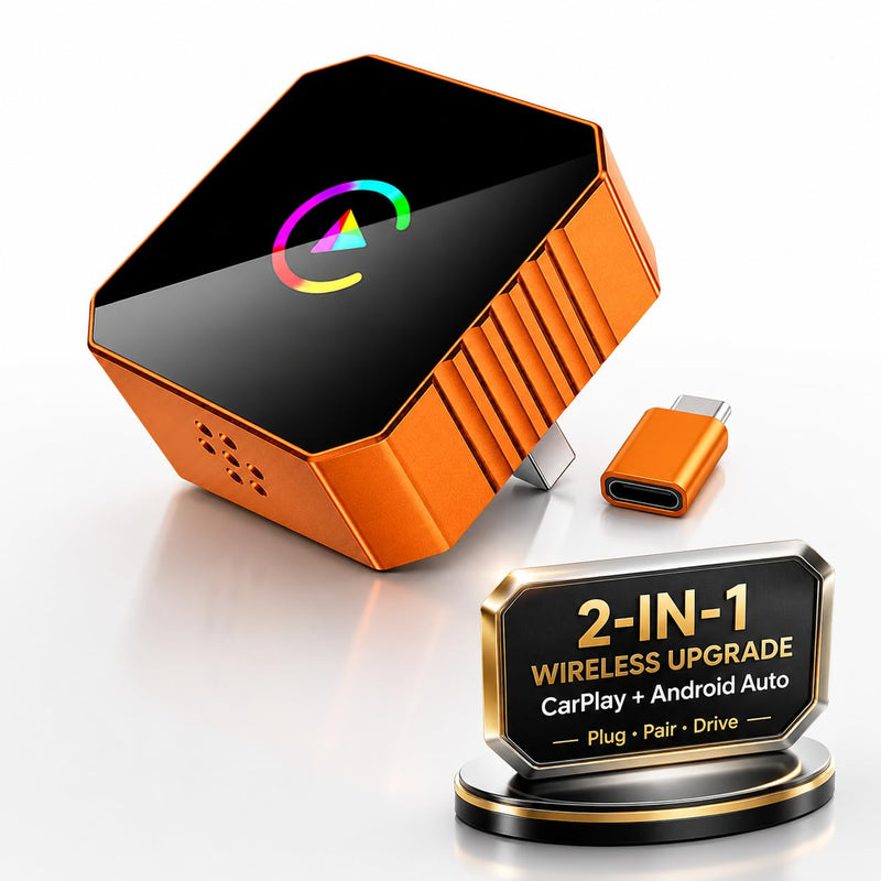 2026 Wireless CarPlay & Android Auto Adapter, 2-in-1, Dual-Band WiFi Fast auto-Connect, Vented Cooling and Plug-and-Play Setup for Vehicles with Factory-Wired CarPlay or Android Auto.Orange | Fast auto-connect, vented cooling and plug-and-play setup fo...
