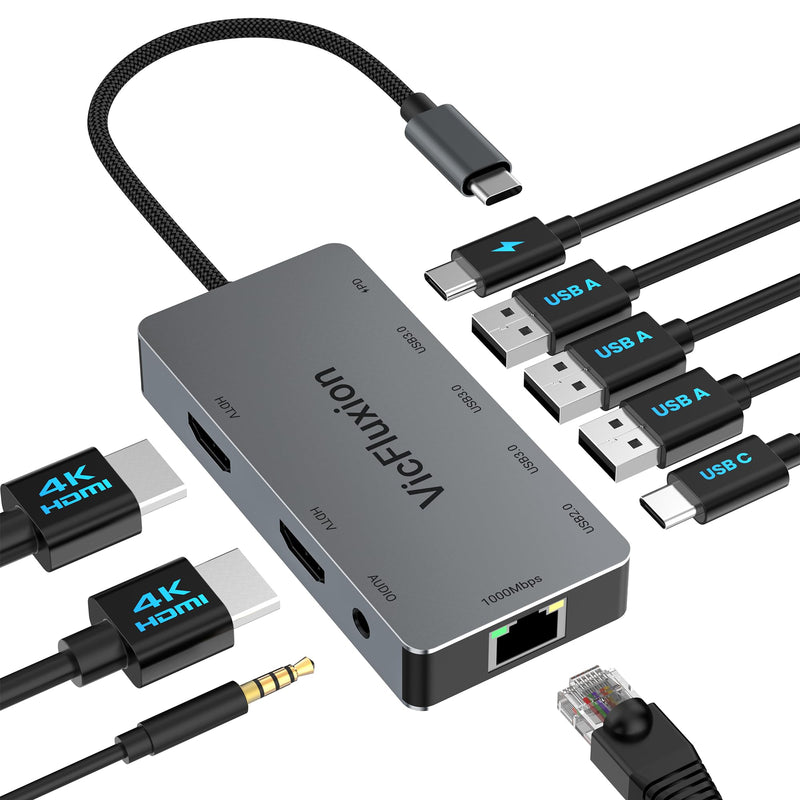 Docking Station Dual Monitor, USB C Hub Multiple Port Adapter with 2 HDMI | 4K@60Hz, Gigabit Ethernet, 3 USB 3.0, USB C, PD 100W, 3.5mm Audio, USB C Docking Station for Laptop/Computer Grey
