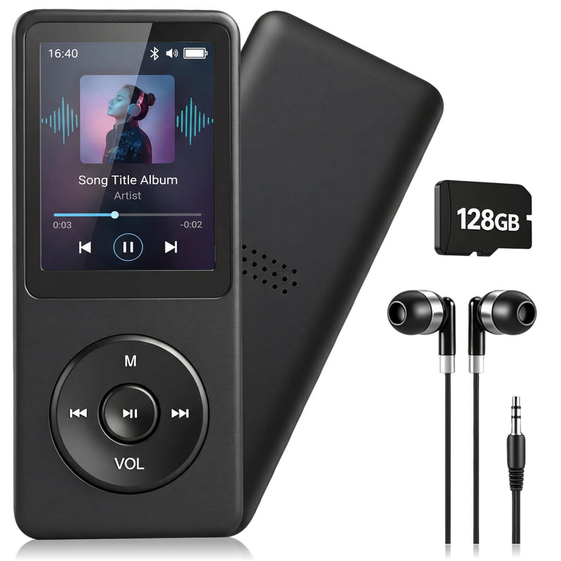 128GB MP3 Player with Bluetooth 5.3 Earphones Included | Portable, HiFi Sound, Built-in Speaker/FM Radio/Voice Recorder/E-Book, Lossless Sound, Multifunctional, Music Player, Slim Black