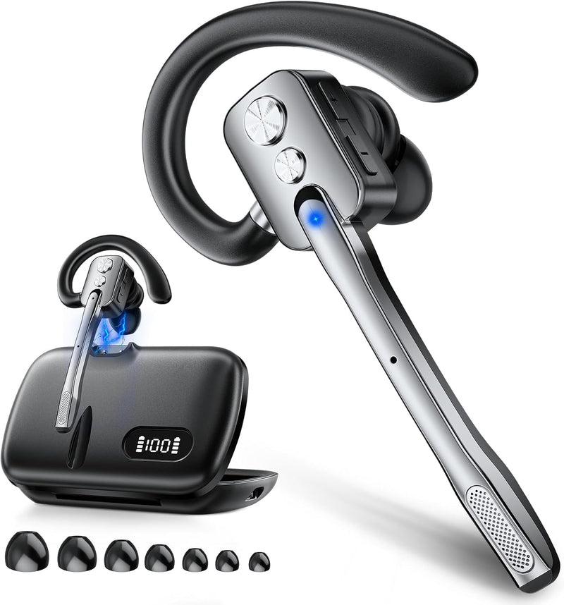 Bluetooth Headset, Wireless Headset with Dual-Mics & Noise Cancelling, Bluetooth Earpiece with Mute for Office Business Work Trucker, V5.3 Hands-Free Headset with QCC Chip for Phone PC iOS Android Gunmetal