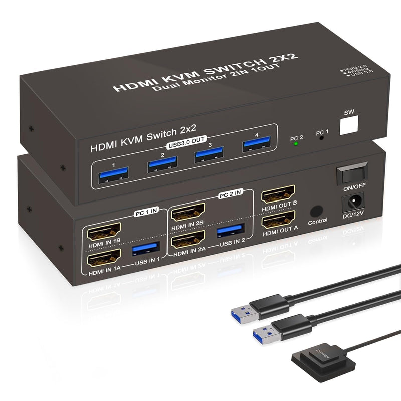 Dual Monitor KVM Switch 2 Monitors 2 Desktop Computers, HDMI 4K 60Hz HDMI USB3.0 KVM Switcher 2 in 2 Out with 4 USB Ports to Share Mouse Keyboard Printer and More black