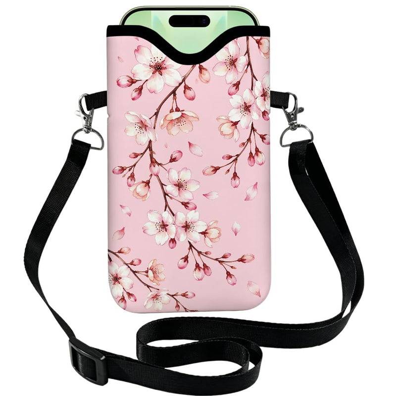 Floral Phone Pouch with Adjustable Strap Neck Lanyard Fits Most Smartphones 7.1 x 3.9 Inch Neoprene Phone Sleeve Pouch Cherry Blossom Waterproof Carrying Cellphone Case Bag for Women Men