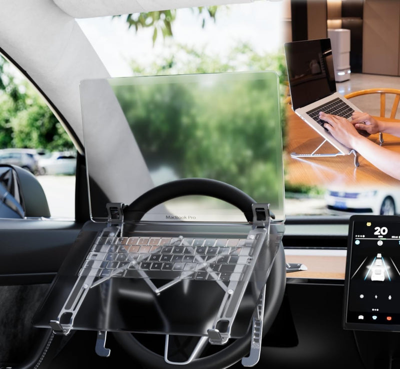 Car Laptop Mount, Height Adjustable Steering Wheel Laptop Tray for Car, Foldable Laptop Desk for Truck SUV Tesla, Portable Vehicle Workstation Table | Steering Wheel & Desktop Dual Mode, 5-Second Quick Scene Switch