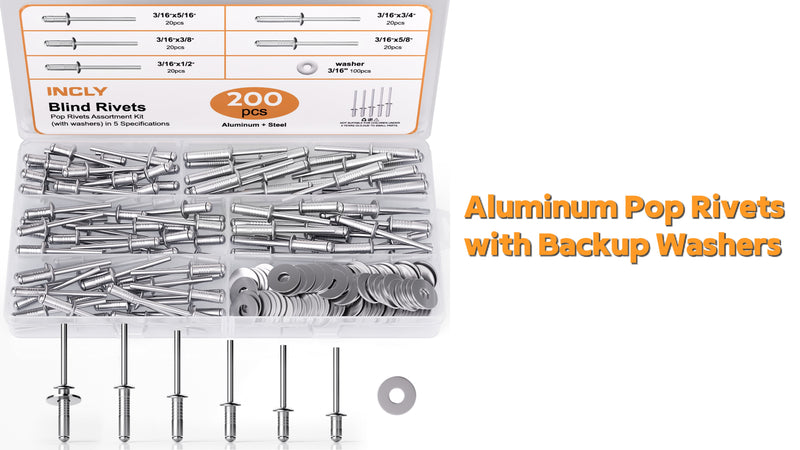 INCLY 200Pcs 3/16 Inches Pop Rivets Assortment Kit with Washers 200Pcs 3/16" Silver