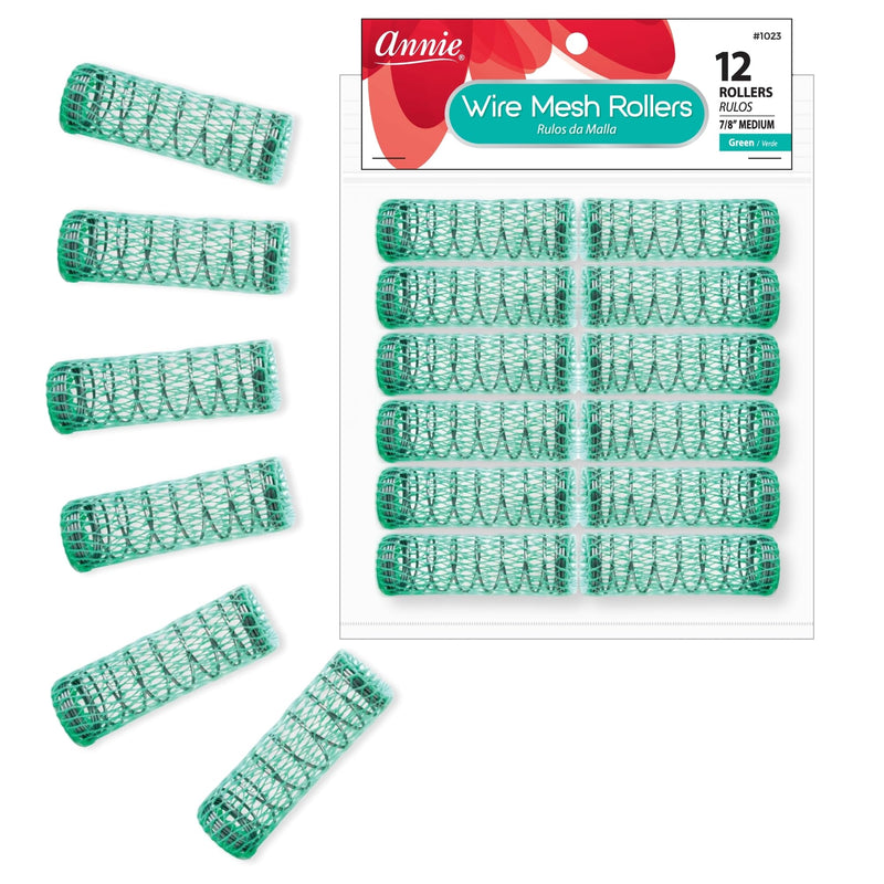 Annie Wire Mesh Rollers – Medium 7/8 Inch Hair Curlers for Defined Curls & Waves, Heatless Styling Tools for All Hair Types – 12 Count (Green)
