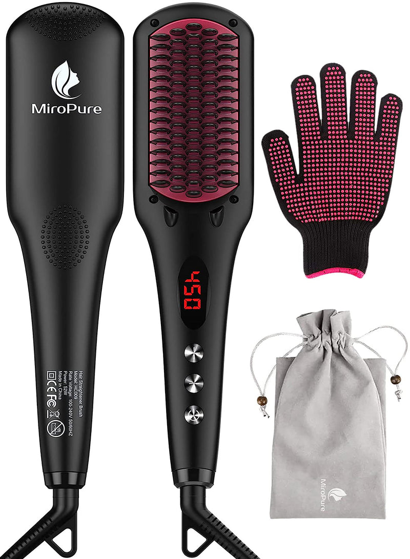 MiroPure 2 in 1 Ionic Hair Straightener Brush Hot Comb MCH Heating Smoothing Brush with 16 Settings, Dual Voltage