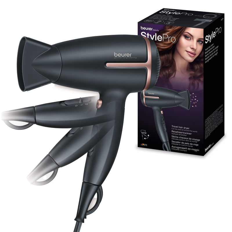  [AUSTRALIA] - Beurer HC 25 travel hair dryer with ion function, small, foldable and lightweight, 1600 watts, voltage switching from 110-120 /220-240 V, 25.9 x 8 x 15.6 cm, black/rose