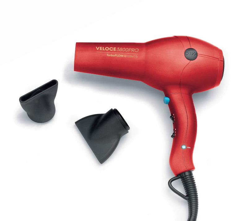 Diva Pro Styling Edit Veloce 3800 Pro Dryer Red 2200 W Professional Hairdryer with Ionic Conditioning, EDT108 Single